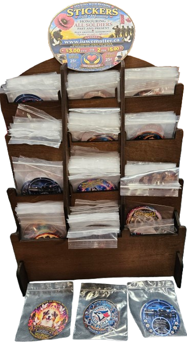 Wooden display stand holding packaged Stickers With Meaning